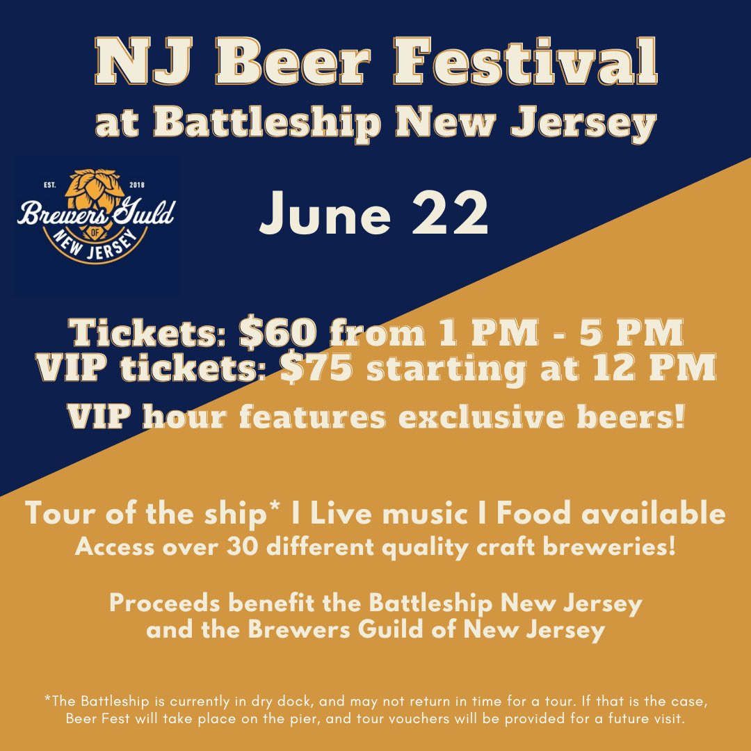 Battleship Beer Festival is back on June 22! Join us for over 30 different craft brews exclusively from New Jersey, live music, and food. Buy tickets here: …rs-guild-of-new-jersey.ticketleap.com/2024-battleshi…