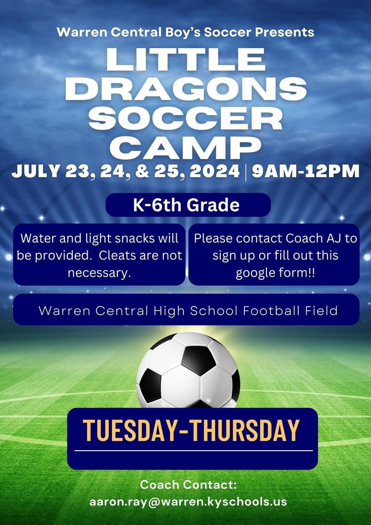A.J. Ray (@sensei_ray) on Twitter photo 🚨🚨Calling all Little Dragons📢🔊
Warren Central Boys soccer will be hosting LITTLE DRAGONS SOCCER CAMP!! RT!
<a href="/LostRiverElem/">Lost River Elem</a>
<a href="/NatcherElem/">Natcher Elementary</a>
<a href="/Warren_Elem/">Warren Elementary</a>
<a href="/Jennings_Creek/">Jennings Creek Elem</a>
<a href="/4thRegionADs/">4th Region Athletic Directors Association</a>
<a href="/wcpssports/">Warren County Public Schools Sports Network</a>
<a href="/WCAthleticDept/">Warren Central Athletics</a>
<a href="/WCDragon_Soccer/">Warren Central HS Soccer</a>
See Google form to sign up:
forms.gle/LWxPXRLxqCEmhA… 🚨🚨Calling all Little Dragons📢🔊
Warren Central Boys soccer will be hosting LITTLE DRAGONS SOCCER CAMP!! RT!
<a href="/LostRiverElem/">Lost River Elem</a>
<a href="/NatcherElem/">Natcher Elementary</a>
<a href="/Warren_Elem/">Warren Elementary</a>
<a href="/Jennings_Creek/">Jennings Creek Elem</a>
<a href="/4thRegionADs/">4th Region Athletic Directors Association</a>
<a href="/wcpssports/">Warren County Public Schools Sports Network</a>
<a href="/WCAthleticDept/">Warren Central Athletics</a>
<a href="/WCDragon_Soccer/">Warren Central HS Soccer</a>
See Google form to sign up:
forms.gle/LWxPXRLxqCEmhA…