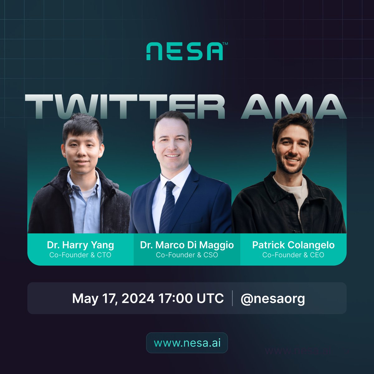 Join three of Nesa’s Co-founders, Dr. Harry Yang (CTO), Patrick Colangelo (CEO), and Dr. Marco Di Maggio (CSO) this Friday at 1pm EST (5pm UTC) for a chat about Nesa’s testnet and future plans!
