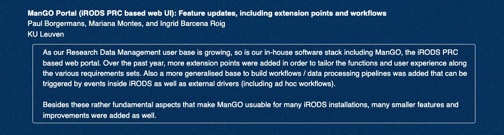 On May 30 at 9:20 AM CET / 3:20 AM ET, @KU_Leuven will discuss their continued progress in developing a #PRC #webportal, including extension points to tailor the functions + #UX and a base to build #workflows / #dataprocessing pipelines. #iRODSUGM irods.org/ugm2024/