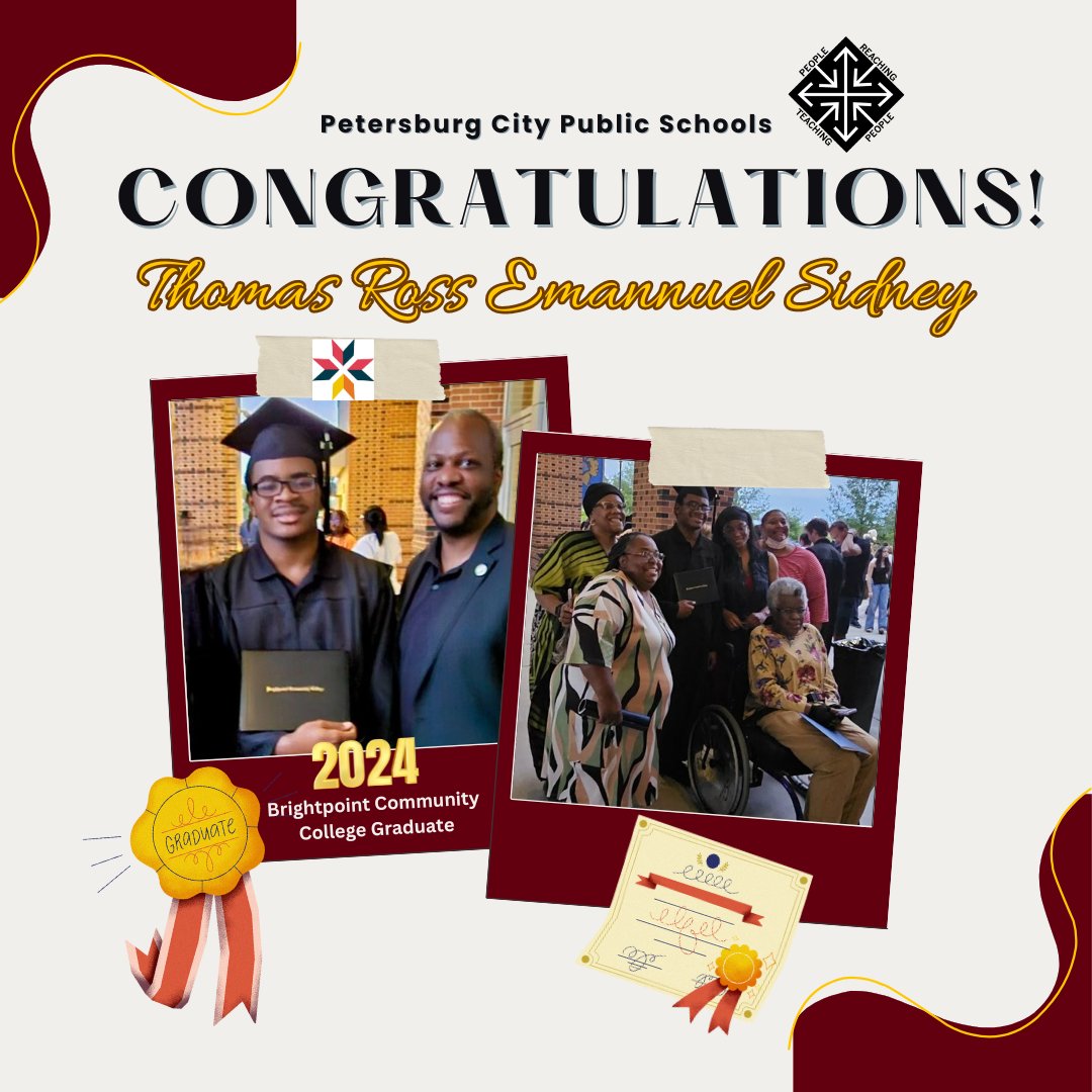CONGRATS to PHS Senior, Thomas Ross Emannuel Sidney, who graduated from @brightpointccva on May 13th with a Career Studies Certificate in Basic Machining Technology. 👏🥳🎉🎓Kudos to his family and Petersburg City Treasurer Paul Mullin for showing up for him on his big day!