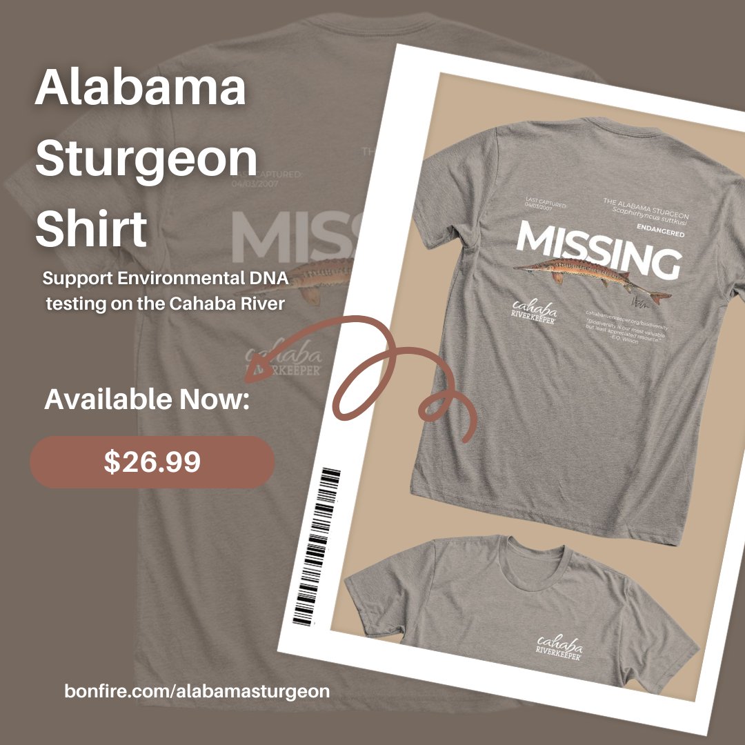 Today is #EndangeredSpeciesDay. Cahaba Riverkeeper is conducting environmental DNA testing on the Cahaba River to locate the iconic Alabama Sturgeon. Check out the custom shirt with original block print by Mary Beth Meeks at bonfire.com/alabamasturgeon. #alabamasturgeon #cahabariver