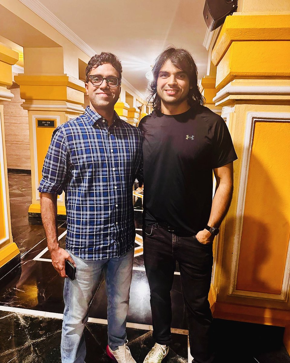 📸 What an honor to meet the Olympic gold medalist and capture a moment with him! 🥇 Best of luck to <a href="/Neeraj_chopra1/">Neeraj Chopra</a> as he takes on the Paris Olympics 2024! We're cheering for you all the way! 🇮🇳🏅 #Paris2024 #NeerajChopra #javelin #worldathletics