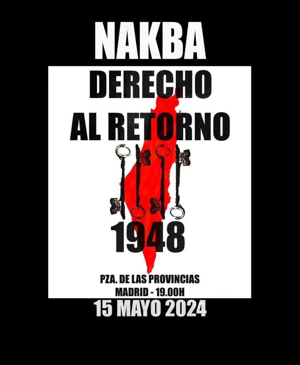 🟣 🇵🇸 Mañana es el 76 aniversario de la Nakba y el genocidio en Palestina continúa. 🪧 Nos manifestamos ante el Ministerio de Exteriores exigiendo el derecho de retorno y el fin de la ocupación. Os esperamos ✊🏾 🗓️ 15 de mayo 🕖 19:00 📍Plaza de la Provincia #FreePalestine 🇵🇸