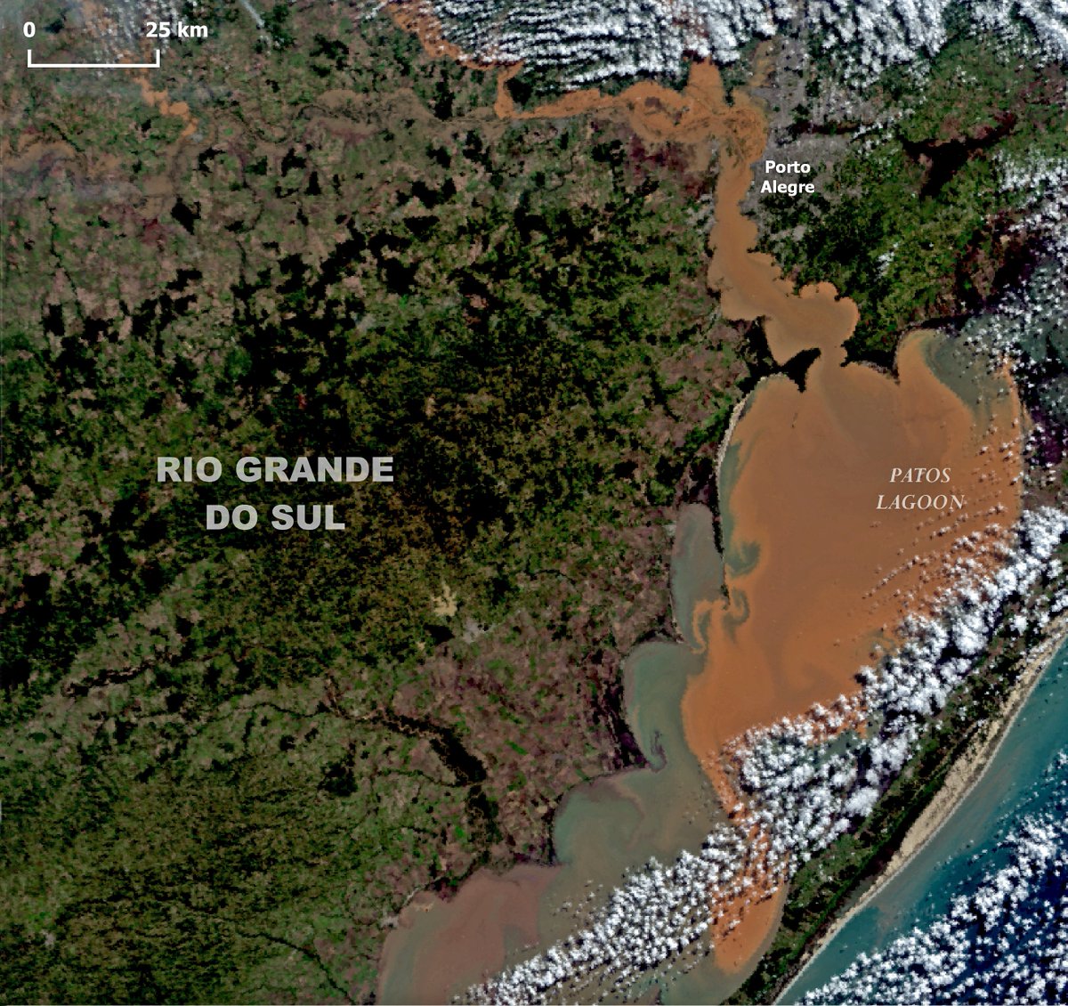 🔴⚠️⛈️🇧🇷After increasing again for more rains today #Guaiba seems to be stable over 5m in #PortoAlegre.The #Sentinel3📸of May 14 shows a catastrophic large view of the #floods in #RioGrandedoSul.And the sediments cover LagoaDosPatos for 4000km2 #Brazil #ClimateEmergency