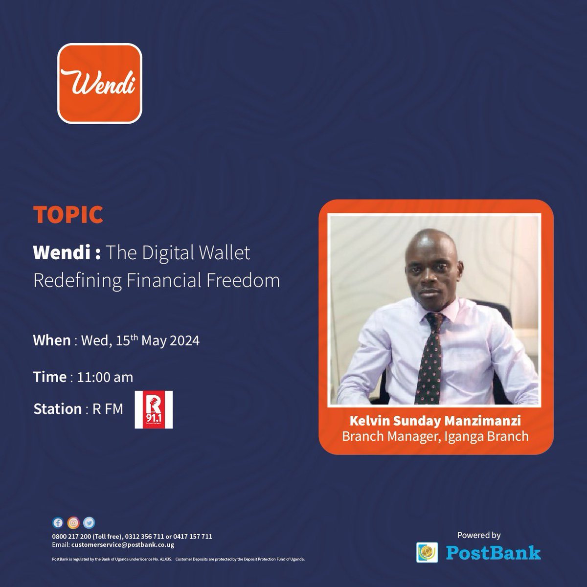 Ready to take control of your finances? Don't miss this insightful interview on 91.1 RFM as Kelvin Sunday Manzimanzi, our Iganga Branch Manager dives deep into redefining financial freedom with Wendi. Tune in at 11:00AM #WendiWallet