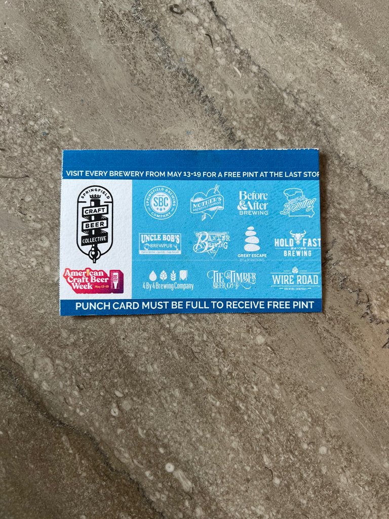 For American Craft Beer Week The Springfield Craft Beer Collective has an EXCITING addition! Pick up your punch card from any local brewery. Once you have visited each place and have your final punch, you will score a free pint! *The punch card must be used by THIS SUNDAY!