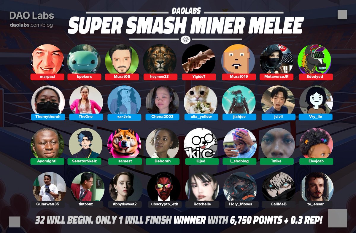 Super Smash Miner Melee event on May 14, 2024:

- 32 Social Miners competing for over 30,000 Points.

- Survivor's bounty of 6,750 Points & 0.3 REP.

Check participants list & event details on this blog: daolabs.com/posts/the-dao-…

#SocialMining #DAOVERSE #DAOLabs @TheDAOLabs $LABOR