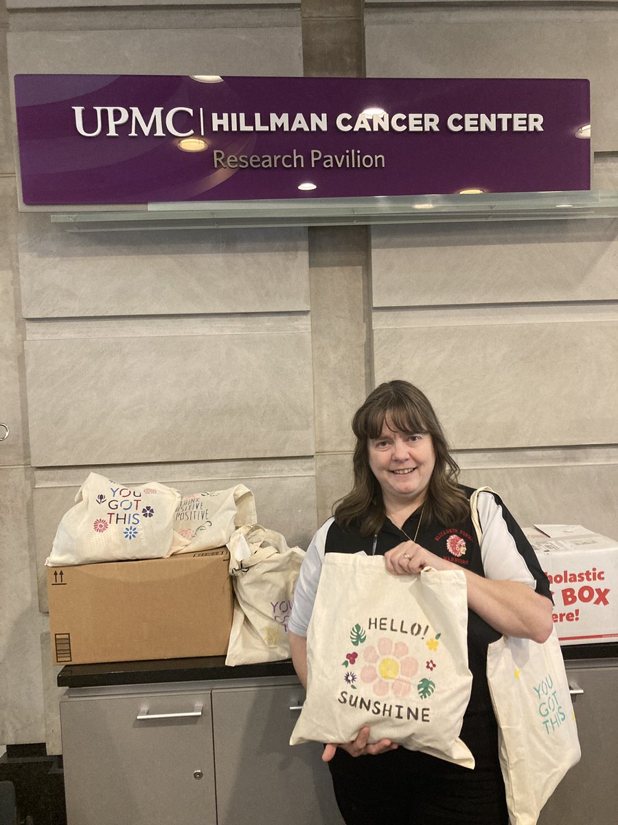 Happy to deliver the 45 handmade bags we made at the EF Night of Service to @UPMCHillmanCC Each bag has a puzzle book, blanket, pair of socks, and other items for chemotherapy patients. Thanks to all the students who decorated the bags.