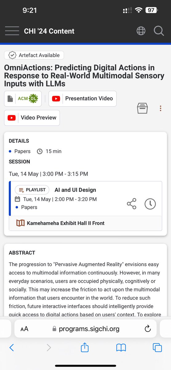 I am presenting this work on #AI assistance in #PervasiveAR today at the AI and UI Design session, 3:00 PM on the first floor (next to the reception/demo)! Feel free to say 👋🏼!
#CHI2024