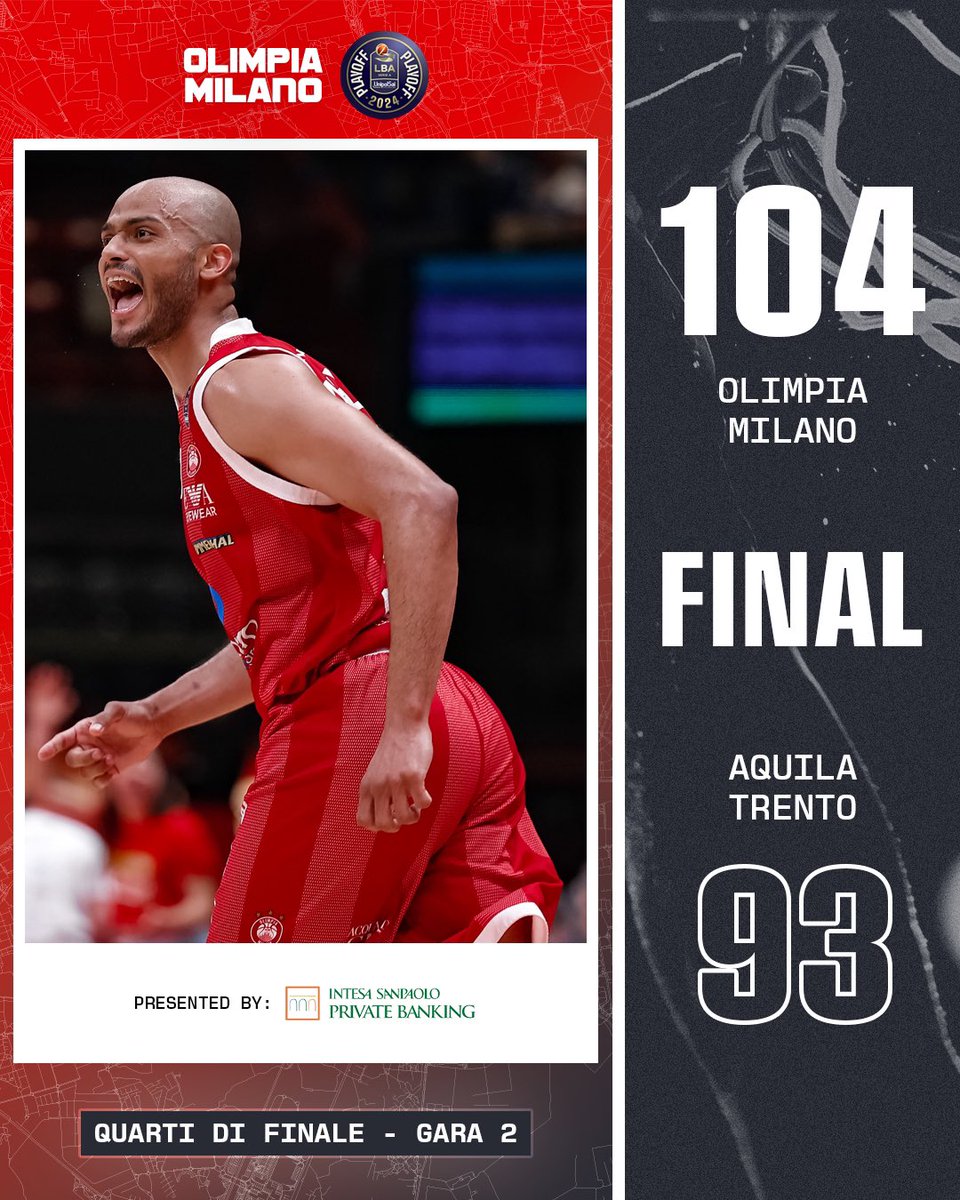 Un'Olimpia sempre in controllo si impone 104 a 93 e porta la serie sull’ 1-1 😤💪🏻 La serie ora si sposta a Trento per Gara 3 di venerdì 🔜 #insieme #olimpiamilano #ForzaOlimpia