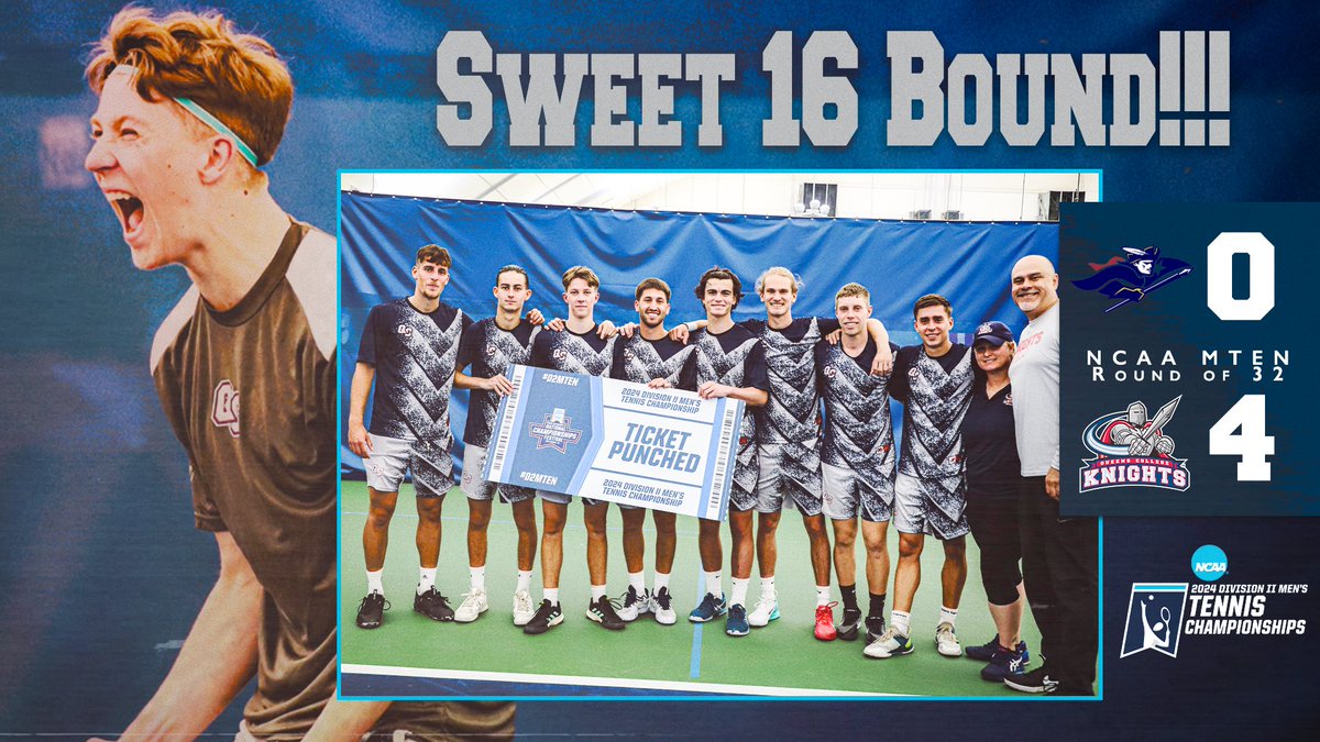 𝐒𝐖𝐄𝐄𝐓 𝟏𝟔 𝐁𝐎𝐔𝐍𝐃❗️Behind Rookie Tim Andersson clincher at #3 singles, Men's Tennis sweeps SNHU 4-0 Tuesday afternoon to advance to the @NCAADII Sweet 16 in Orlando, Florida! #knightnation Full recap to follow shortly
