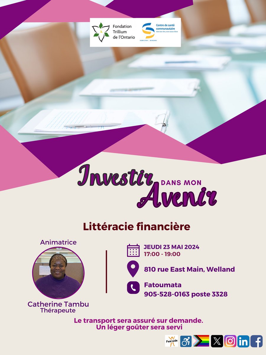 Notre nouveau programme de formation en employabilité et en autonomisation entrepreneuriale; Investir dans mon Avenir, arrive! Vous êtes une femme franco 16ans+ & voudriez participer? Fatou 905-528-0163 X3328 Littératie financière Welland 23 mai 17h-19h Grimsby 25 mai de 13h-15h