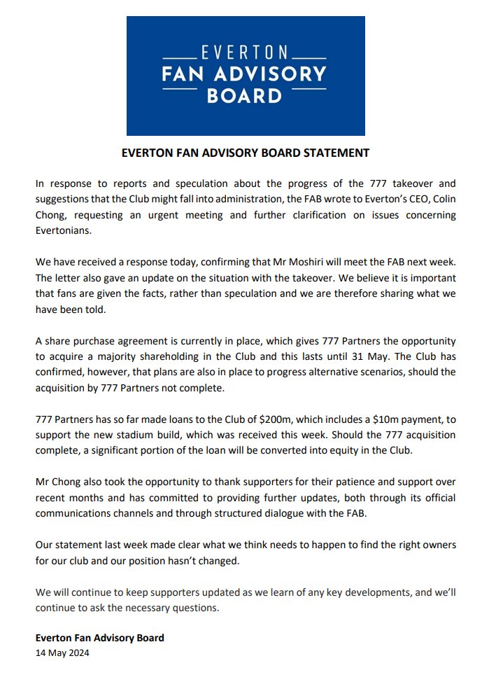 Last week we wrote to Everton to express our concerns and seek clarification for the benefit of our supporters. Today's response from the club also gave an update on the takeover situation so we have issued the following statement to update everyone. efc-fanadvisoryboard.com/2024/05/14/fab…