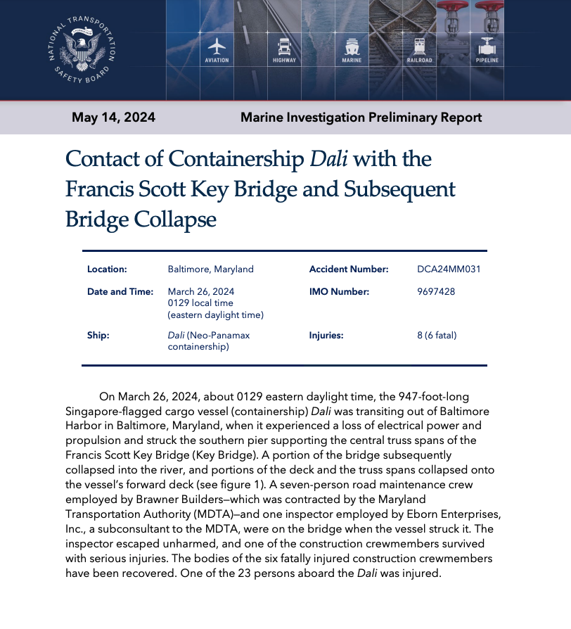 BREAKING: The @NTSB has released its preliminary report about the Key Bridge collapse and the cargo ship Dali. Read the report. thebaltimorebanner.com/community/tran…