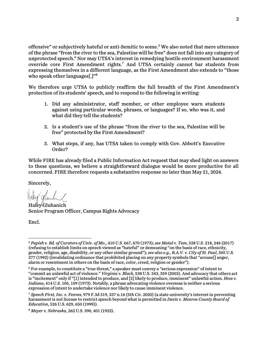 The University of Texas at San Antonio reportedly banned student protestors from: • Using the words ‘Zionism’ and ‘Israel’; • Chanting 'From the river to the sea;' • Speaking in Arabic. It's unconstitutional censorship, plain and simple. FIRE wrote @UTSA to demand that it