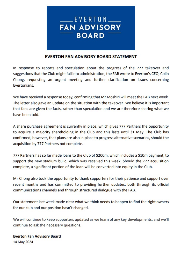 . @EFC_FanAdvisory receives response from #EFC interim CEO Colin Chong He says Farhad Moshiri's given 777 Partners til 31 May to buy majority stakehold. If it happens the 200m loan to the club to be converted to equity If not, plans to 'progress alternative scenarios' in place