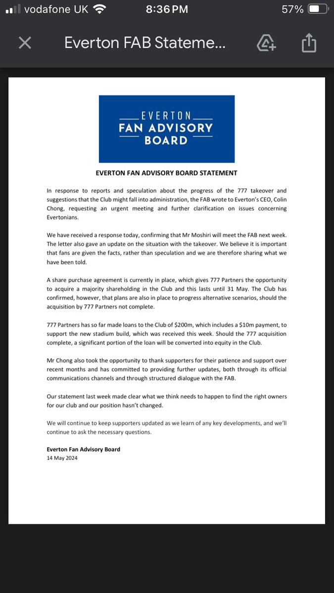 Everton confirm in correspondence to club’s Fan Advisory Board that owner Farhad Moshiri is talking to other parties in case takeover by 777 Partners does “not complete.”