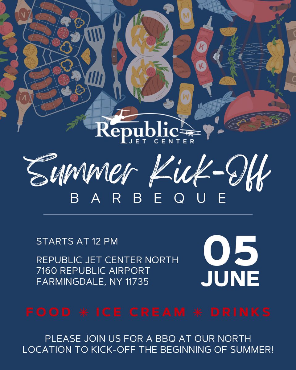 Summer is just around the corner and we want to start the season with you! Join us at Republic Jet Center North on June 5th for a Summer Kick-Off BBQ. #republicjetcenter #rjc #kfrg #NYFBO #fbo #republicairport #farmingdale #jet #airplane #aviation #aviationlovers #summerbbq