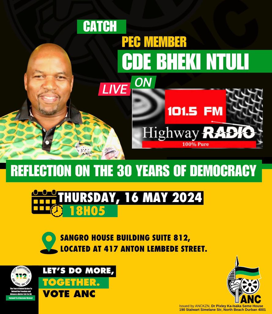 Comrade Bheki Ntuli a member of Provincial Executive Committee will present a reflection on the African National Congress's achievements over the past 30 years of democracy. Under ANC leadership, significant strides have been made in building a better nation for all it…