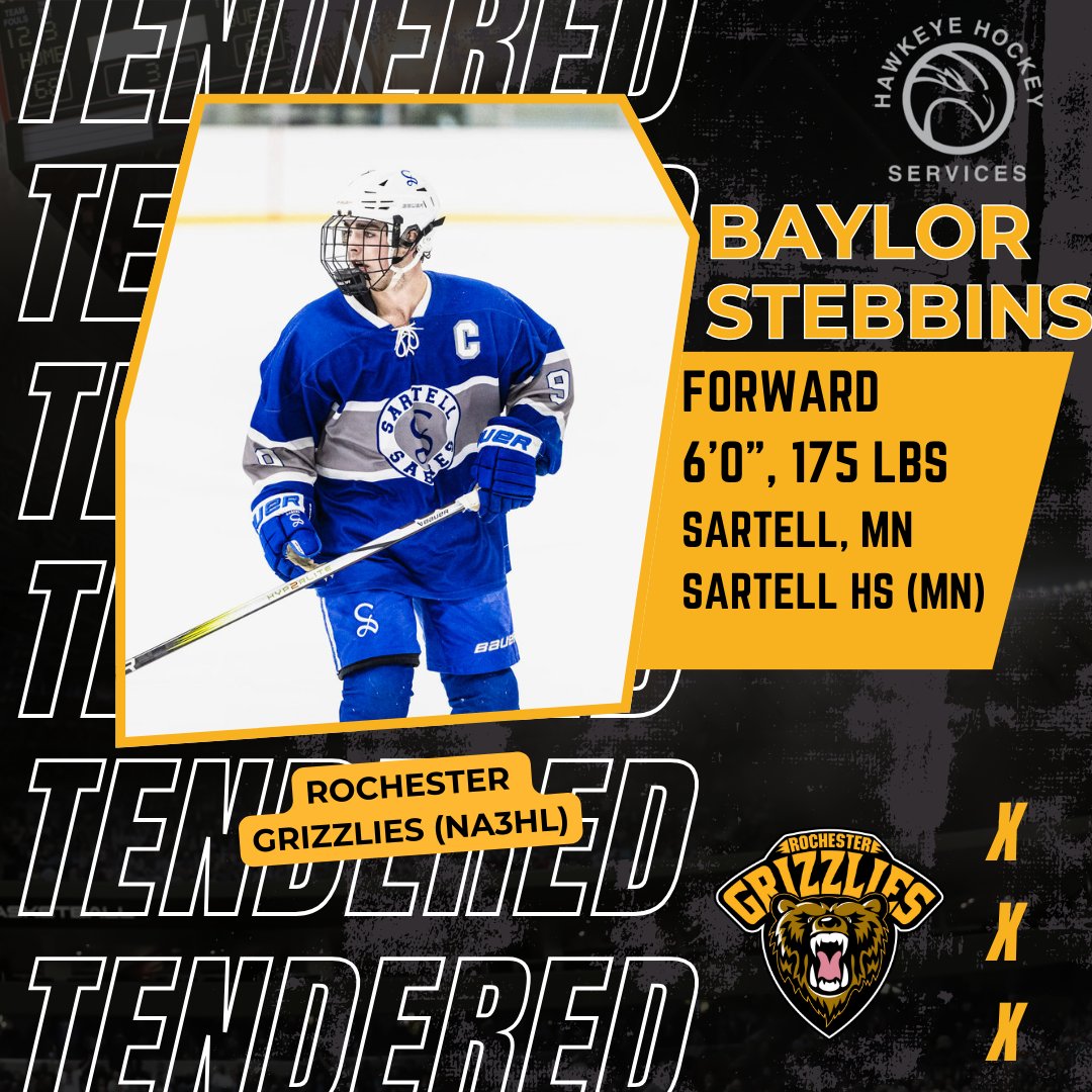 Congrats to 2005 F <a href="/BaylorStebbins/">Baylor Stebbins</a> (<a href="/SabreHSHockey/">Sartell Boys Hockey</a>) on signing a tender with the <a href="/RochesterGrizz/">Rochester Grizzlies</a> of the <a href="/NA3HL/">NA3HL</a>!  #HHS #Sabres