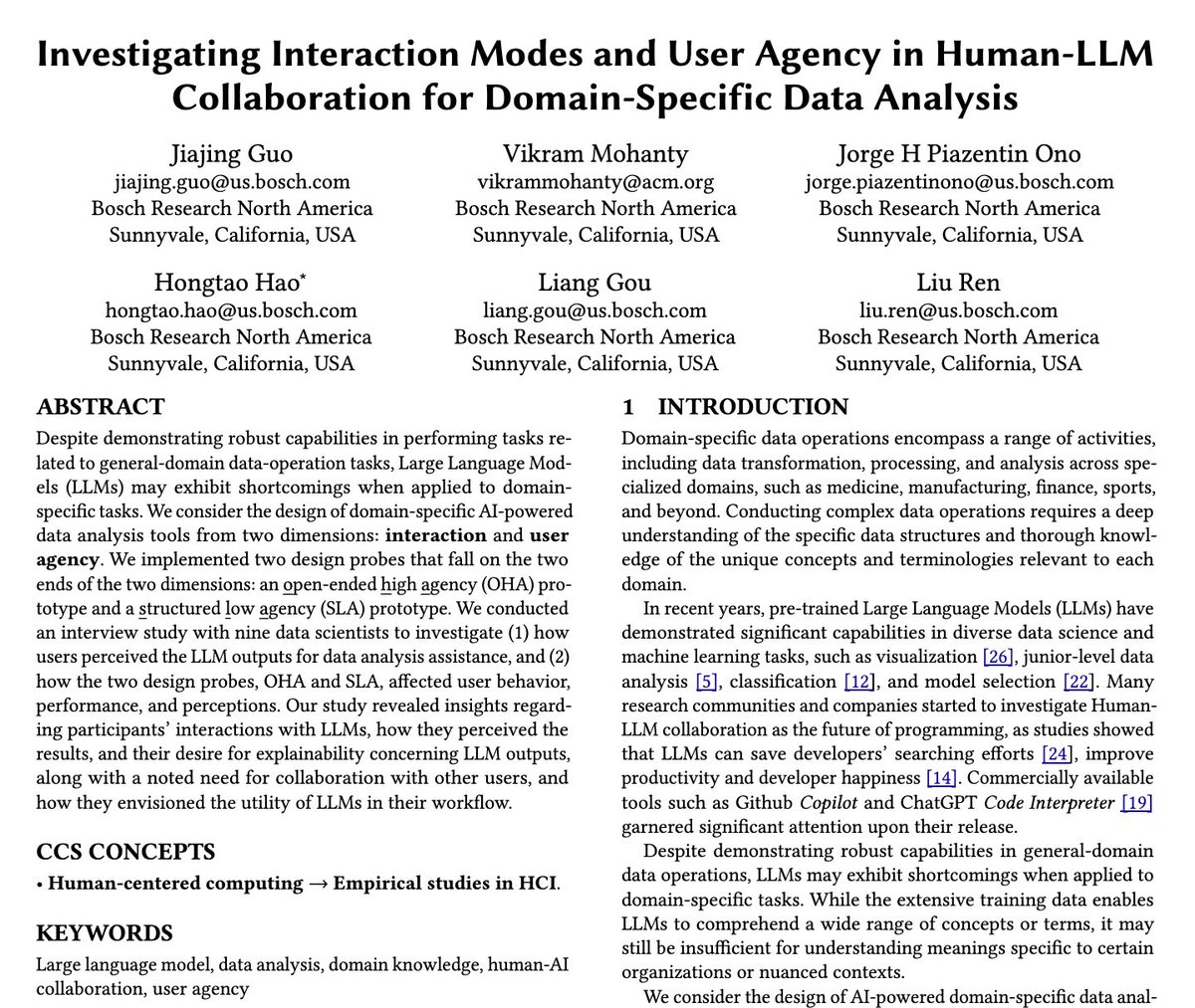Come check our #CHI2024 late-breaking work on designing LLM-powered tools for domain-specific data analysis! @jiajing_guo & I explored user perceptions of diff. design dimensions (i.e., user agency, structured v/s open-ended interaction) in these tools! dl.acm.org/doi/10.1145/36…