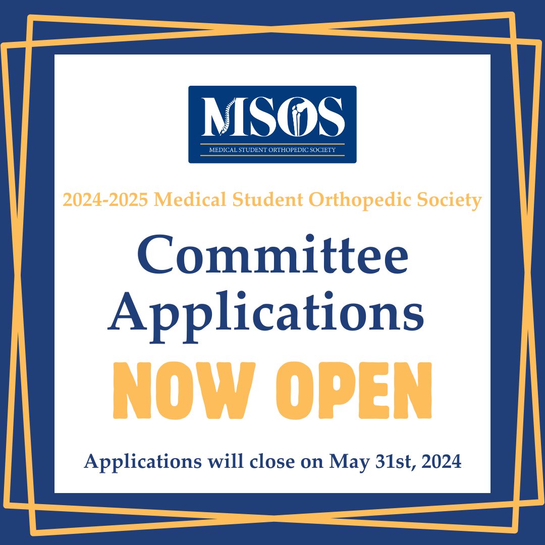 🚨Applications for the 2024-2025 MSOS Committees are NOW OPEN🚨

Aspiring Orthopedic Surgeons, MSOS is now accepting applications for our 2024-2025 Committees. This is your chance to join our team and make a positive impact in the orthopedic community.🩻🦴🩺

Please visit