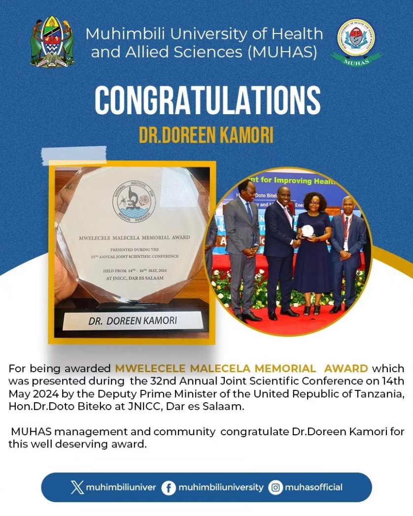 MUHAS Management and Community congratulate Prof.Sylvia Kaaya and Dr.Doreen Kamori for these well deserving awards👏👏👏