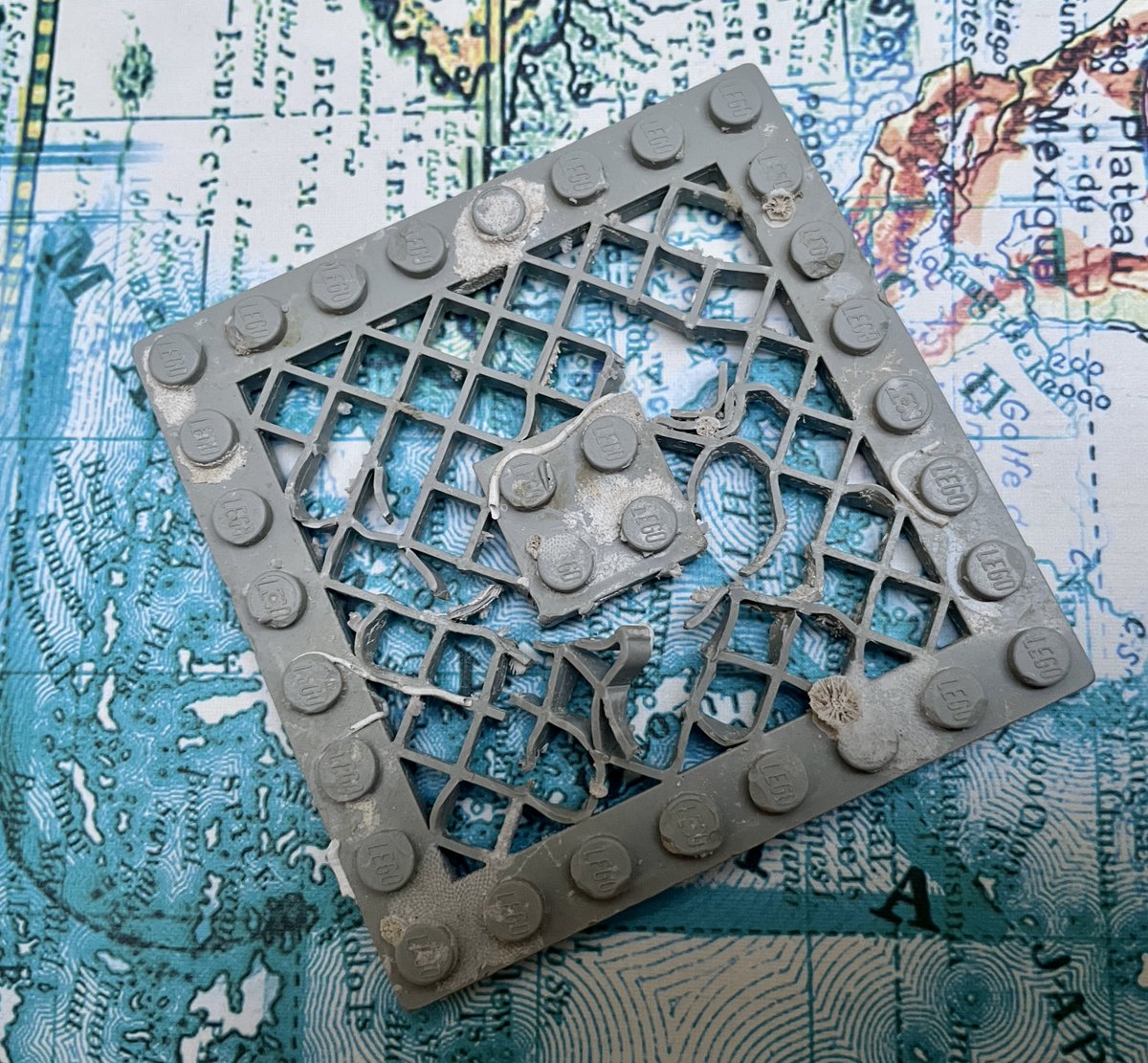 This Lego brick was hauled up in a fisherman's net last week after 27 years on the seabed. It's one of 4,158 lost overboard from the Tokio Express in 1997. Destined for Lego Discovery Station sets, these bricks were used to create the helipads. This one has the remains of