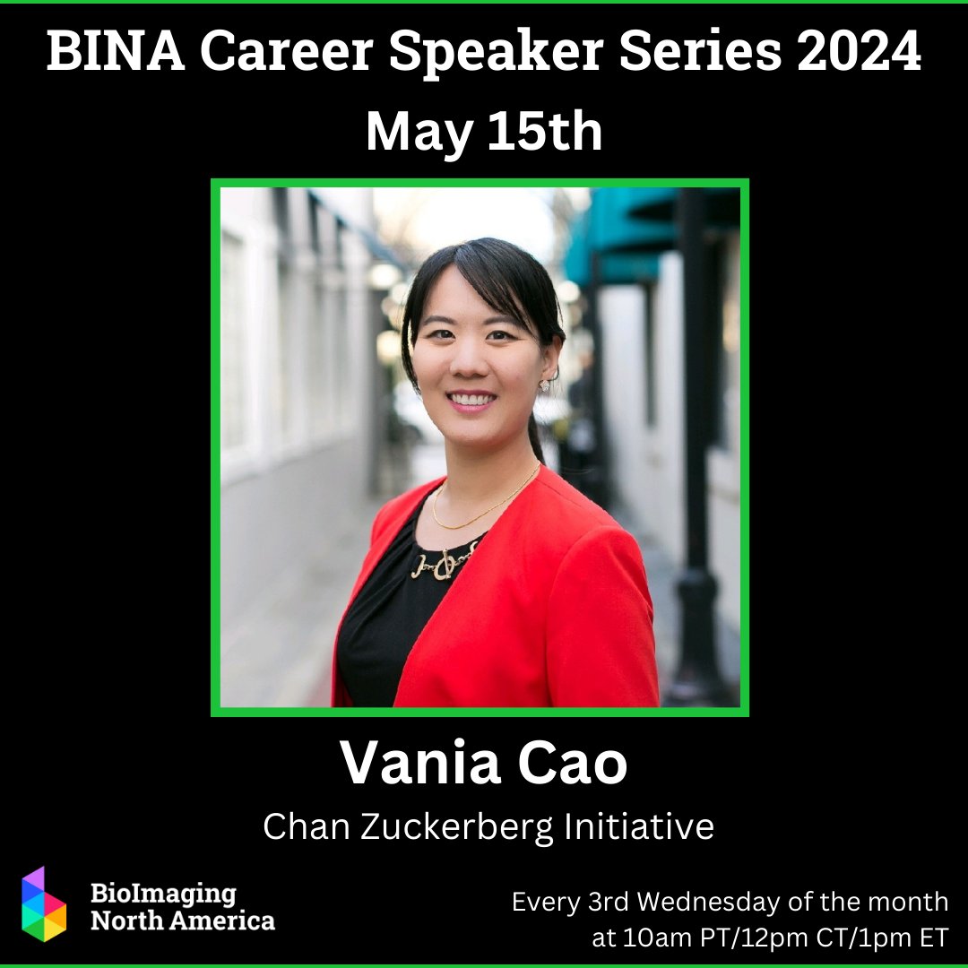 Join us tomorrow, May 15 at 12 pm CT for a presentation from Vania Cao (@cao_vania67029) of @cziscience to learn about her Career Journey! Registration & more details here: bioimagingnorthamerica.org/events/careers…