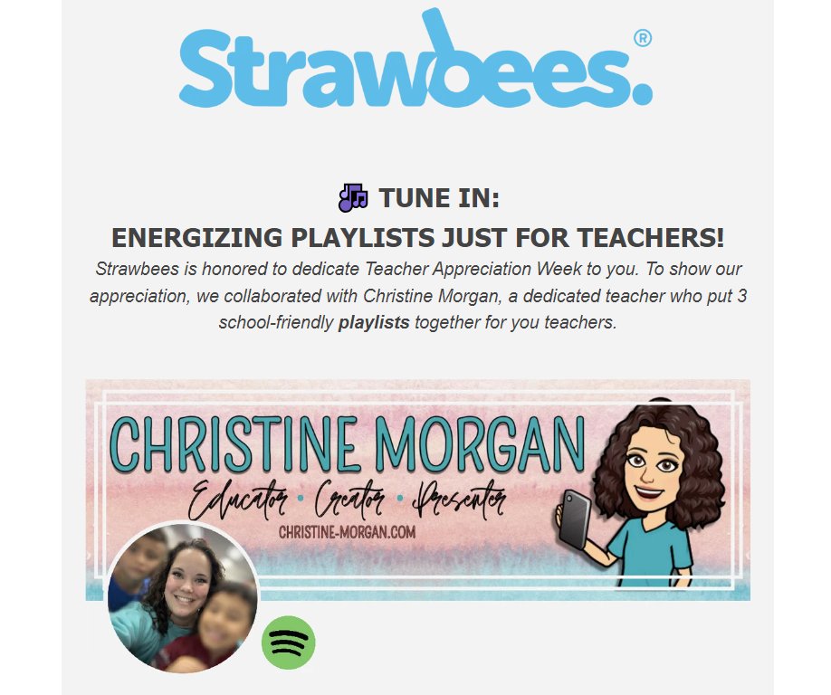 Absolutely honored to have a few of my student-friendly playlists featured in @strawbees' newsletter! ❤ strawbees-6234779.hs-sites.com/teacher-apprec…