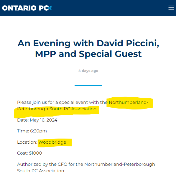 #ONpoli 

So, let me get this straight... the PC Party MPP from *Peterborough* is hosting a $1000/person fundraiser in *Woodbridge*.

Was it too difficult for the Vaughan developer money to get sent an hour down the 407?