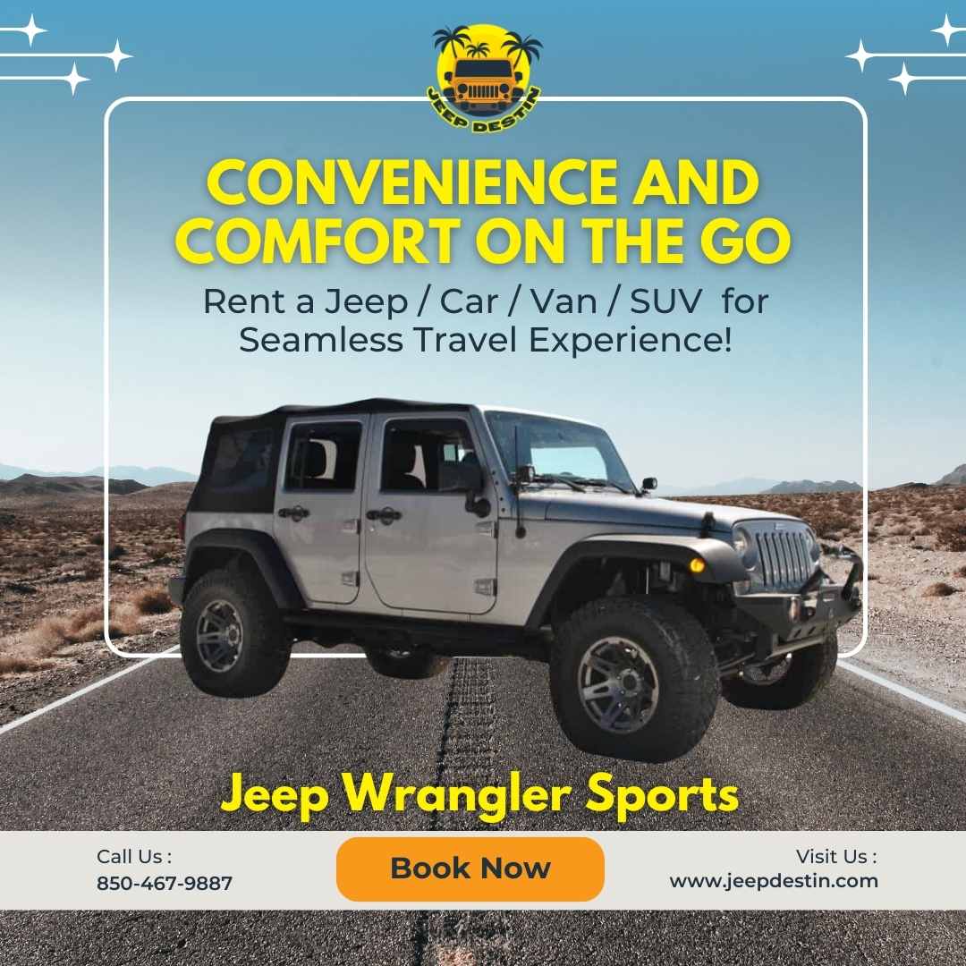 Unleash your sense of adventure with our Jeep Wrangler Sports rentals! Equipped for off-road excursions and city cruising alike, these rugged vehicles are ready for anything.

🌐 jeepdestin.com

#jeepdestin #jeeprentals #carrentals #jeeplife #destin #crabisland