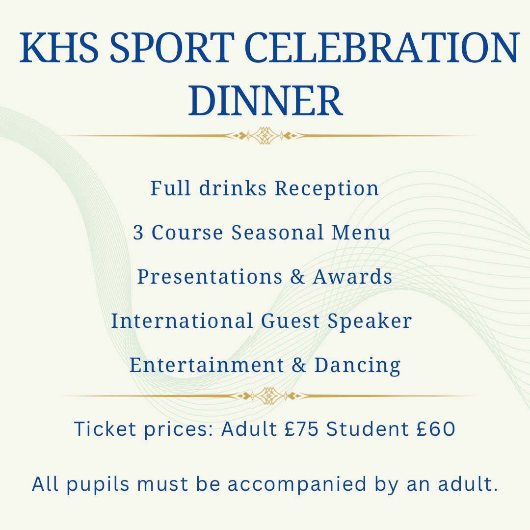 EXPRESSION OF INTEREST for KHS Sport Celebration Dinner. We would like to invite all parents and pupils to express their interest in attending this year’s event on 14th June. Click on the link below:
forms.office.com/e/LNLcQ7KmzV