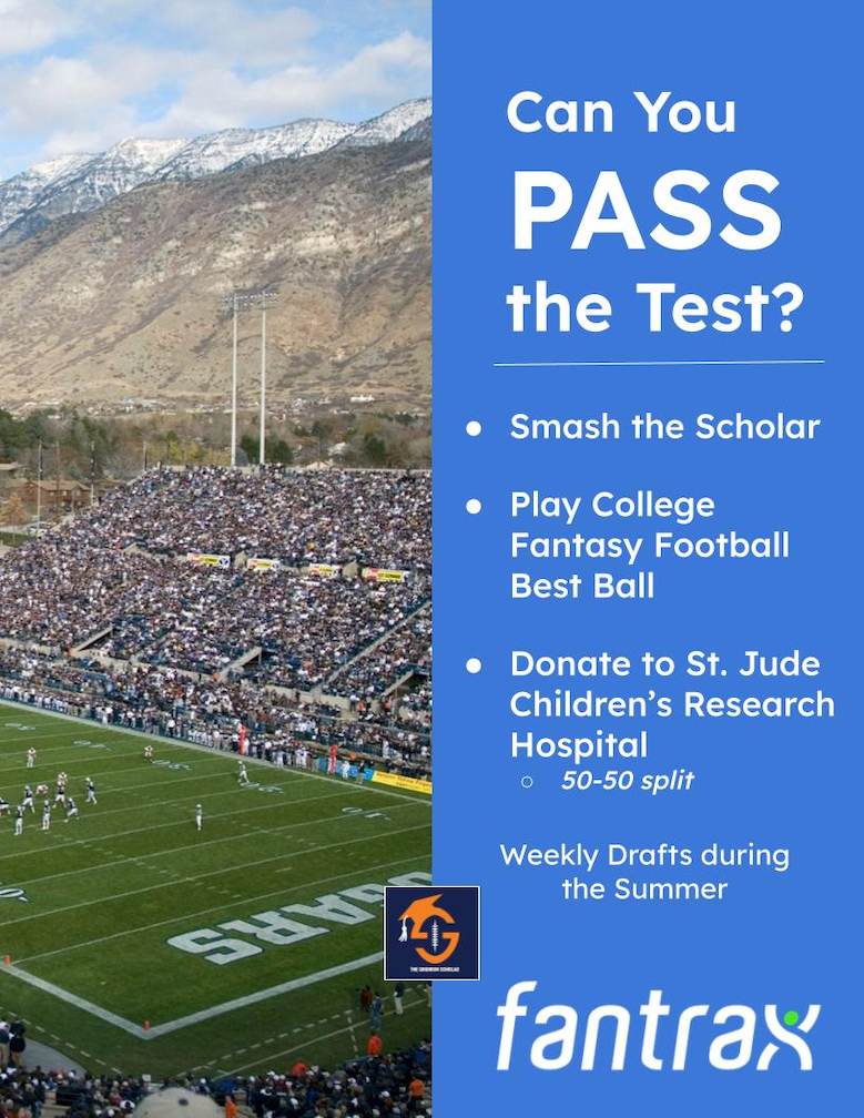 Play College Fantasy Football against the Scholar

- Smash the Scholar!
- Play CFF Best Ball🏈
- Donate to St. Jude Children's Research Hospital
- Weekly Drafts during the Summer☀️
- Sign ups begin in June...on @Fantrax 

#PlayCFF #CollegeFootball 
#CollegeFantasyFootball