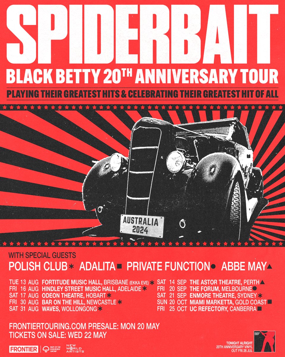 We can't believe it’s been 20 years since we released Black Betty. The whole ride has been so awesome! To mark this mad anniversary we are announcing a very special tour to celebrate Black Betty and all that it has achieved. Tickets & more info - frontiertouring.com/spiderbait