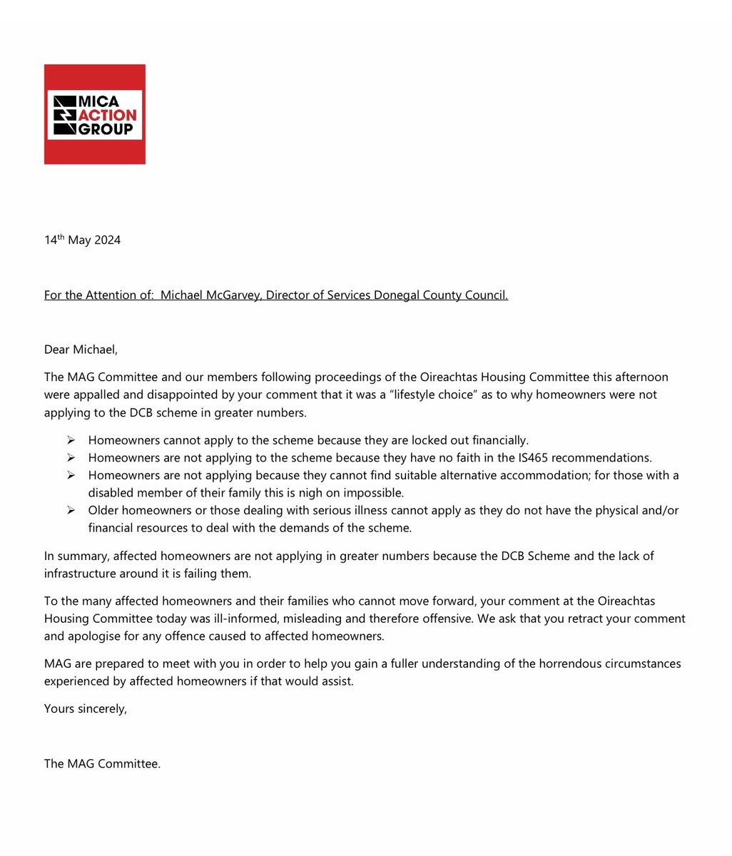 Following today’s session in the Oireachtas, MAG has sent a letter to Michael McGarvey, Director of Services at Donegal County Council, addressing his inaccurate, misleading, and offensive remarks.

#DefectiveConcreteCrisis