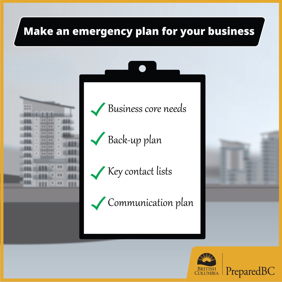 It’s Business Continuity & Resilience Awareness Week! Are you prepared to protect your business in the event of an emergency? Create an emergency plan today to ensure your business continues to operate during a disaster 📝 Download our plan here: PreparedBC.ca/EmergencyPlan#…