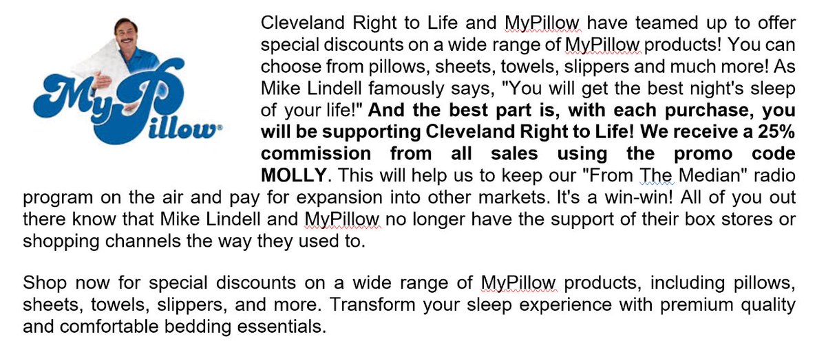 MyPillow teams up with Cleveland Right to Life. Get great deals while supporting a great cause! Go to mypillow.com/molly or call 800-641-0466 and use promo code Molly, 25% of the proceeds go to us!