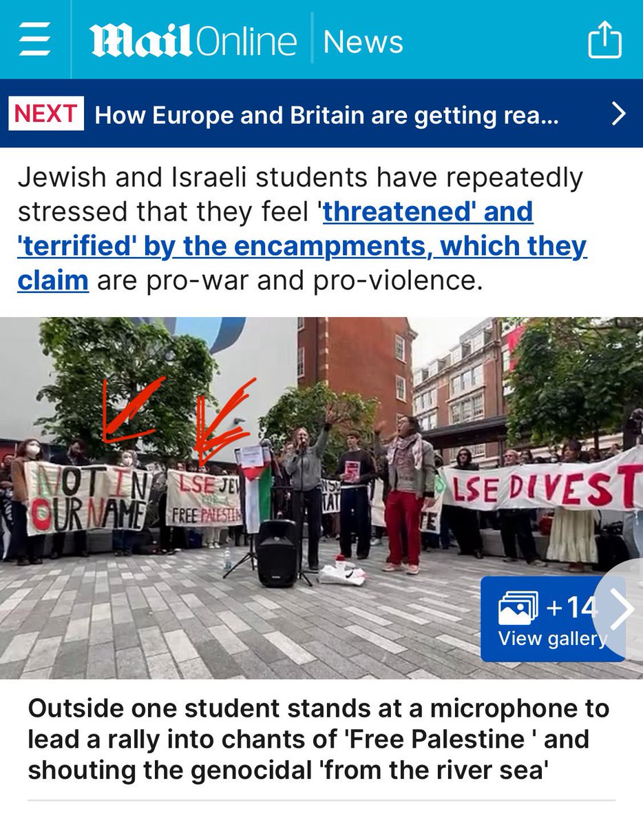 lol this ridiculous Daily Mail article says Jewish students feel “threatened and terrified” right above a photo of the rally with signs saying “LSE Jews for a free Palestine” and “Not in our name”. Journalism at its best.