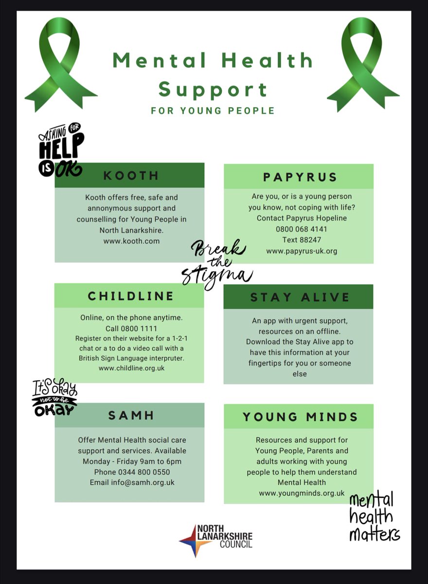 If you are struggling with your mental health, here are some services North Lanarkshire Youth Council wanted to share with you or remind you of. Please reach out to any of them or someone you trust for support if you need it 💚 #MentalHealthAwarenessWeek