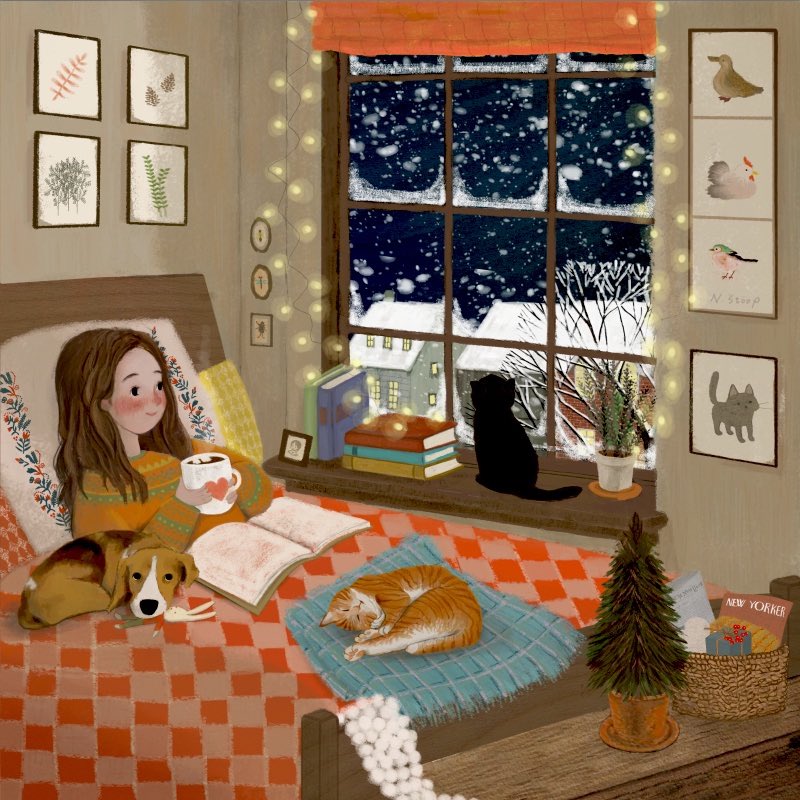 When I’m feeling under the weather I love to post this one because it’s so cozy & comforting. I’ll feel better & see you all soon…& I’ll reply to your notes then, too -so sorry I’m late. Sending hugs your way & sweet dreams ♥️ (art by Naoko Stoop)