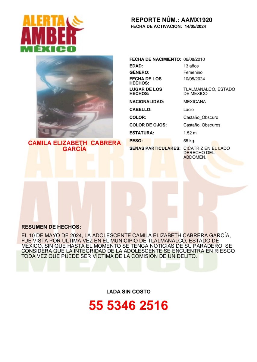 #AlertaAMBER solicita su apoyo y RT para la búsqueda y localización de la adolescente CAMILA ELIZABETH CABRERA GARCÍA de 13 años de edad.