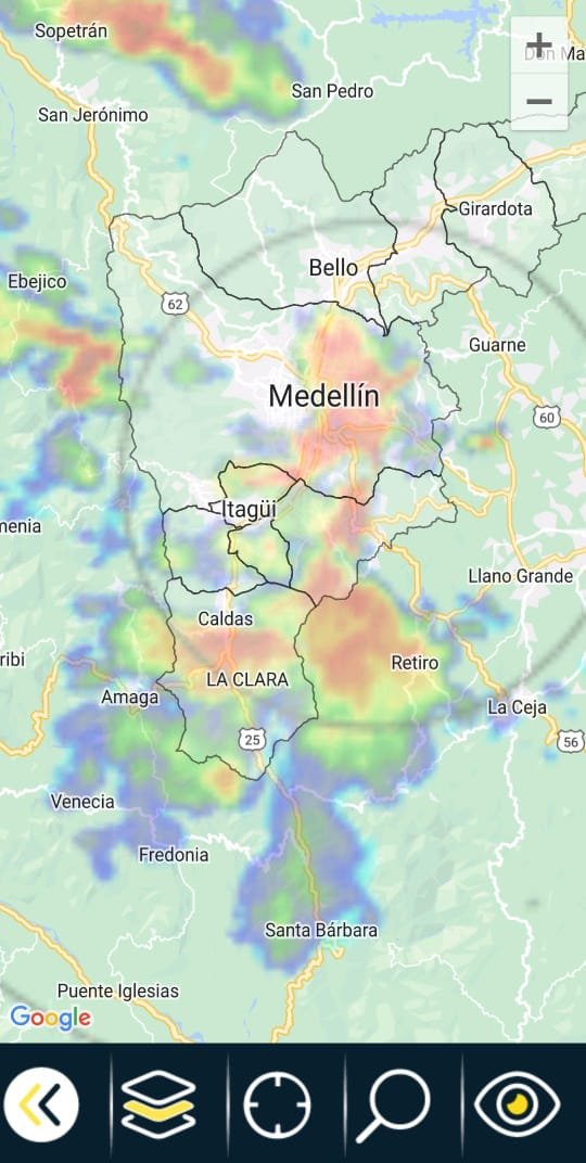 Se registran precipitaciones de alta intensidad en los municipios de Caldas, Envigado y en el oriente de Medellín, y de moderada intensidad en Sabaneta, La Estrella y en el occidente de Medellín. En los últimos 5 minutos, 4 de nuestras estaciones han registrado vientos extremos.