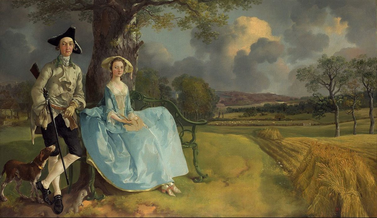 Mr. & Mrs. Andrews in 1750, with their dog & especially with their estate. But oddly not finished! What was supposed to go in reserved area in Frances Andrews' lap? By Thomas Gainsborough, born OTD 1727.