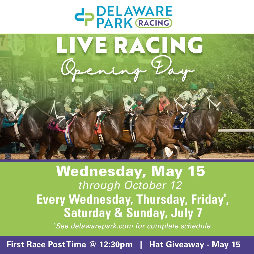 Join us on May 15th at 12:30 pm for opening day and receive a free hat that will make you stand out 🧢🐎🏇 Call (302) 994-2521 x 7306 for Buffet reservations at the Terrace 🐴☀️🥗🍴