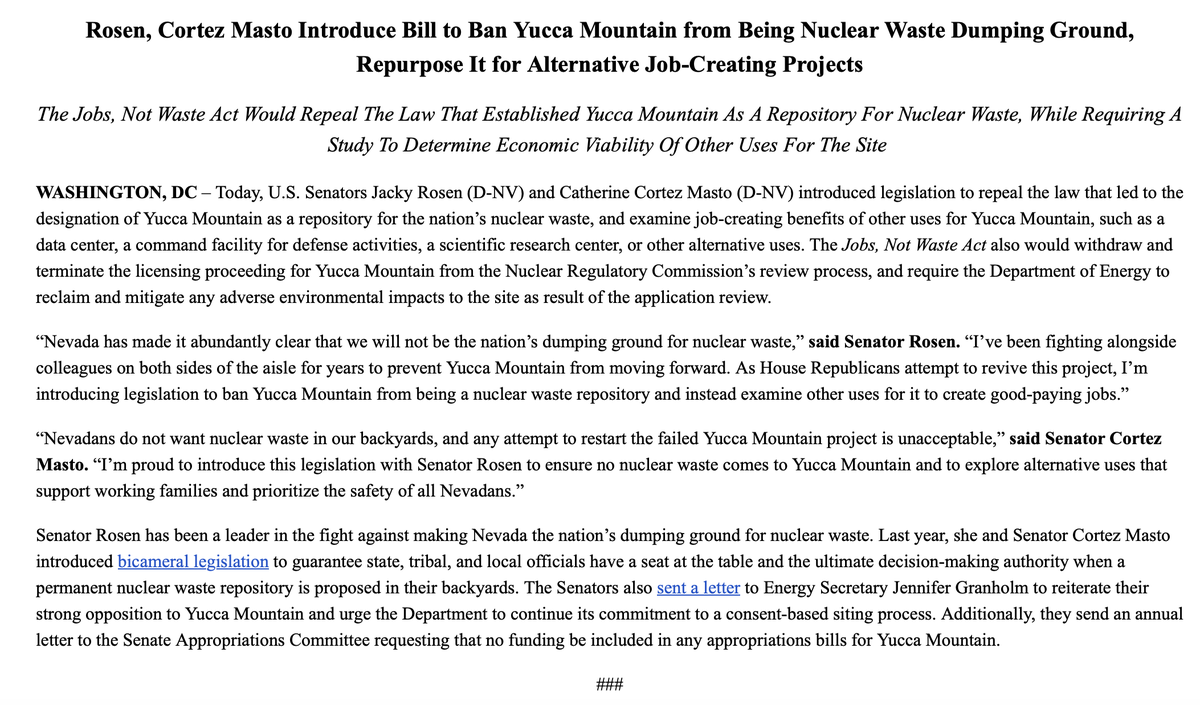 INBOX: Nevada US @SenCortezMasto and @SenJackyRosen introduce bill seeking to repeal previous legislation designating Yucca Mountain (<100 miles from Las Vegas) as being the potential site for the nation's nuclear waste repository.