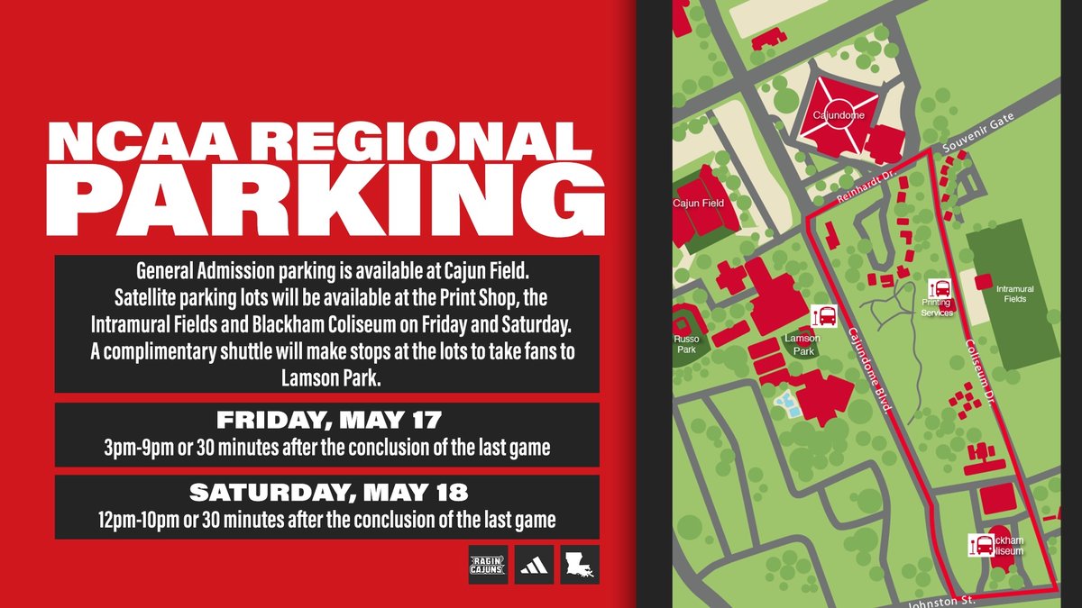 𝗡𝗖𝗔𝗔 𝗥𝗘𝗚𝗜𝗢𝗡𝗔𝗟 𝗣𝗔𝗥𝗞𝗜𝗡𝗚 Parking will be available at Cajun Field with satellite lots available at the Print Shop, Intramural Fields and Blackham Coliseum. Shuttles will be available to drop fans off at Lamson Park. RaginCajuns.com/SBRegional #GeauxCajuns