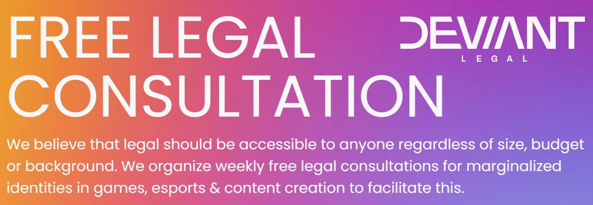 Proud to finally announce that I will organize free legal consultations for marginalized identities in games, esports & content creation every week! 
As I would love to reach the people really needing this: RT's are appreciated. 

More info: deviantlegal.com/free-legal-con…