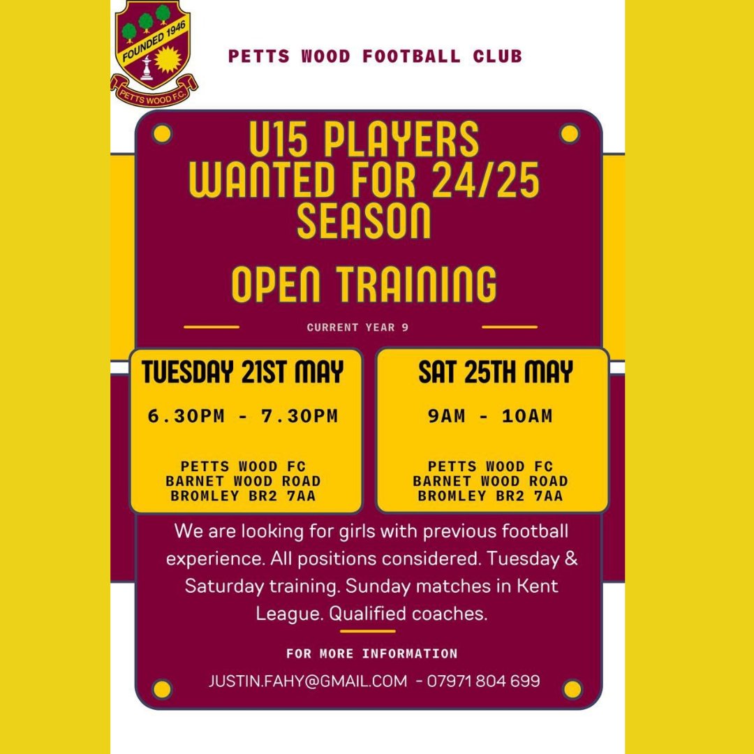 ⚽️⚽️U15 players wanted for our Nightingales team⚽️⚽️ We are looking for girls with previous football experience to join our open training sessions. @KGLFL #pettswoodfc #pettswood #girlsfootball #kglfl